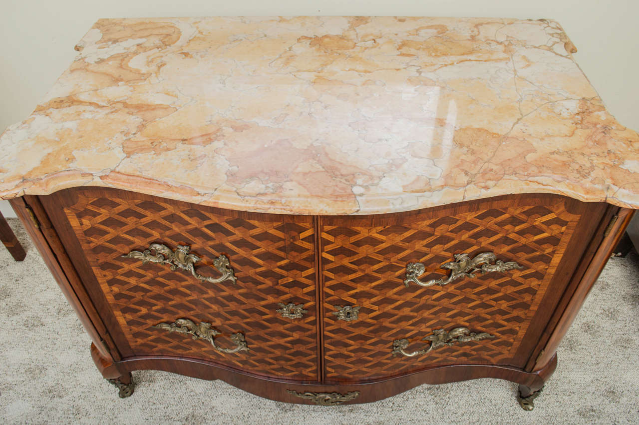 Bronze Louis XV Style Walnut & Fruitwood Parquetry Commode & Marble Top-STORE CLOSING 